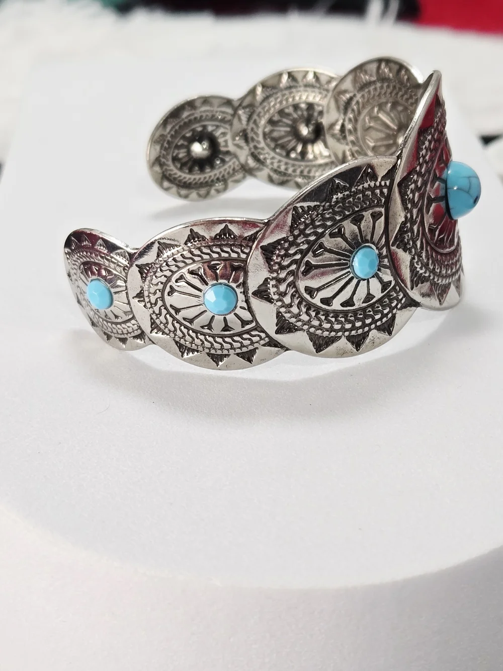 Turquoise Concho Cuff Bracelet Western Silver Open Bangle Statement Cowgirl Chic